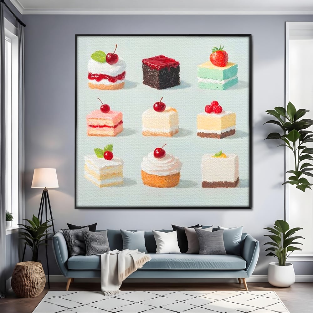 Tablou canvas cu pictura cu prajituri si fructe, in rama de aluminiu negru, pe perete intr-un living